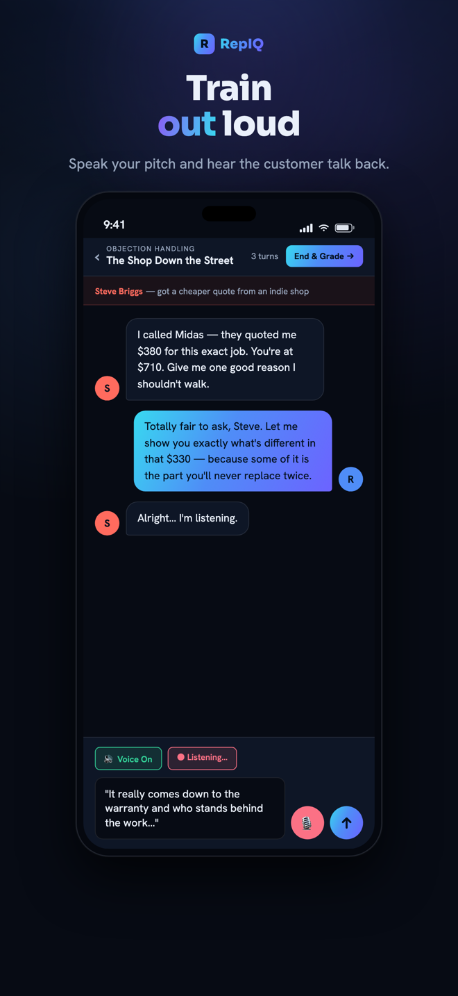 RepIQ voice roleplay experience