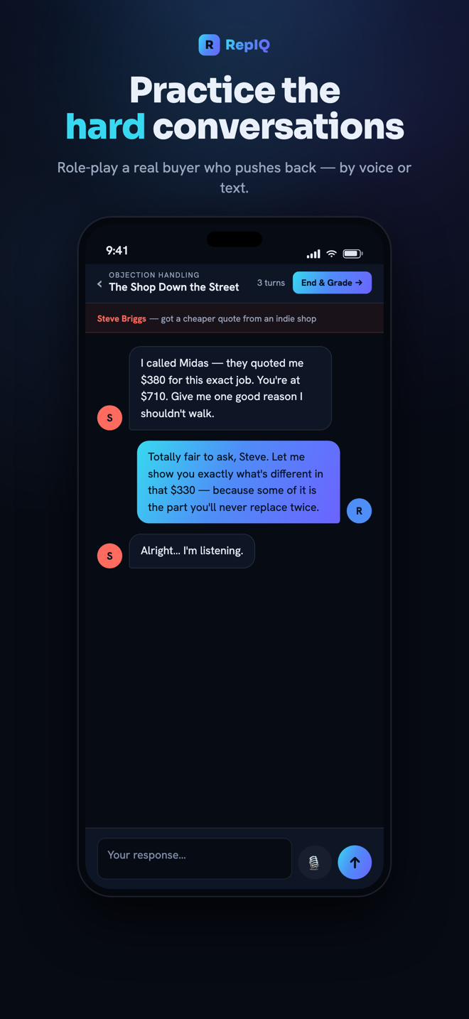 RepIQ live customer roleplay